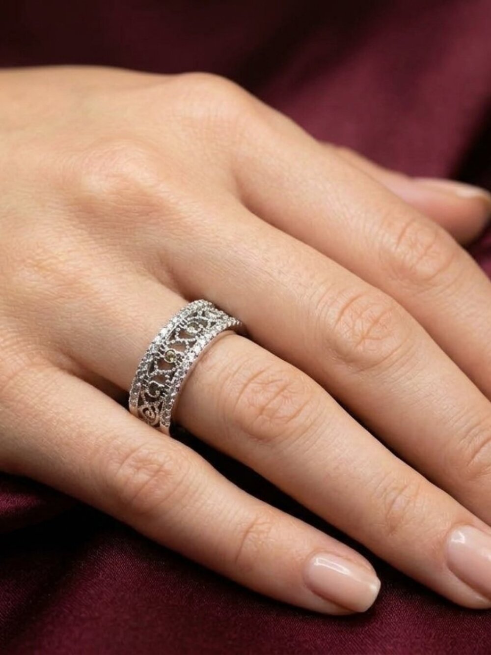 Vintage ACI 925 Sterling Silver CZ Filigree Eternity Band Ring Size 6.75 Wide